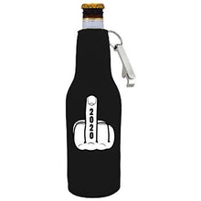 Load image into Gallery viewer, black beer bottle koozie with 2020 middle finger design and bottle opener attached to zipper
