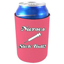 Load image into Gallery viewer, pink can koozie with "nurses stick butt" funny text and syringe graphic design