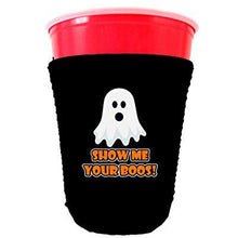 Load image into Gallery viewer, black party cup koozie with show me your boos design 
