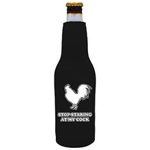 Load image into Gallery viewer, Black zipper beer bottle koozie with stop staring at my cock design