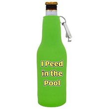 Load image into Gallery viewer, bright green zipper beer bottle with opener and funny i peed in the pool design
