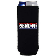 Load image into Gallery viewer, Black slim can koozie with “send it” text with red white and blue background design