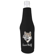 Load image into Gallery viewer, black zipper beer bottle koozie with lone wolf design