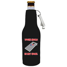 Load image into Gallery viewer, black zipper beer bottle koozie with opener and your hole is my goal design