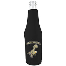 Load image into Gallery viewer, black zipper beer bottle koozie with funny drunkasaurus