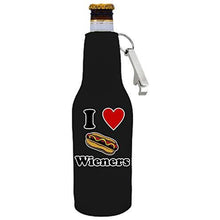 Load image into Gallery viewer, black zipper beer bottle koozie with opener and i heart wieners design 
