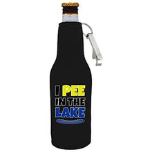 Load image into Gallery viewer, black beer bottle koozie with opener and “I pee in the lake” funny text design
