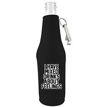 Load image into Gallery viewer, black zipper beer bottle koozie with opener and funny i have mixed drinks about feelings design