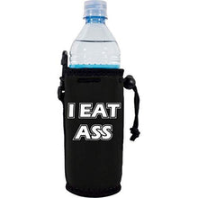 Load image into Gallery viewer, black water bottle koozie with "i eat ass" funny text design