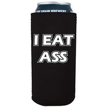 Load image into Gallery viewer, black 16 oz can koozie with i eat ass design