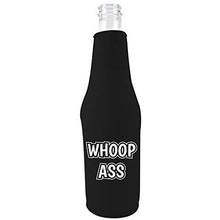 Load image into Gallery viewer, black zipper beer bottle koozie with whoop ass design