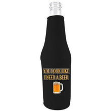 Load image into Gallery viewer, black beer bottle koozie with opener and &quot;you look like i need a beer&quot; text and beer mugs graphic design
