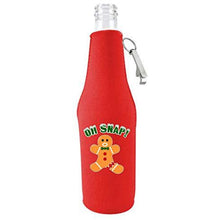 Load image into Gallery viewer, red zipper beer bottle koozie with opener and oh snap design