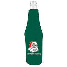 Load image into Gallery viewer, Hunter Green zipper beer bottle koozie with i watch you sleep design