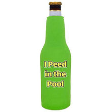 Load image into Gallery viewer, bright green zipper beer bottle koozie with i peed in the pool design