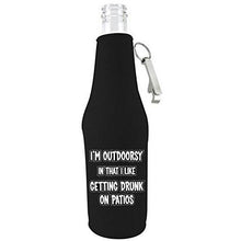 Load image into Gallery viewer, black zipper beer bottle koozie with opener and im outdoorsy design