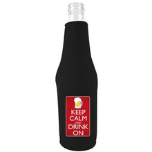 Load image into Gallery viewer, black beer bottle koozie with "keep calm and drink on" funny text design