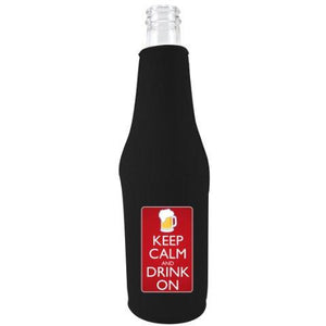 black beer bottle koozie with "keep calm and drink on" funny text design