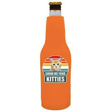 Load image into Gallery viewer, Orange Zipper beer bottle Koozie with show me your kitties design