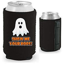 Load image into Gallery viewer, black magnetic can koozie with funny halloween ghost and show me your boos text