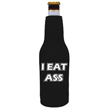 Load image into Gallery viewer, black zipper beer bottle koozie with i eat ass design