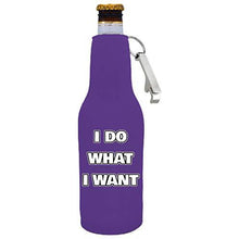 Load image into Gallery viewer, purple zipper beer bottle koozie with opener and funny i do want i want design