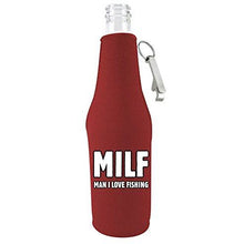 Load image into Gallery viewer, red zipper beer bottle with opener and funny milf man i love fishing design