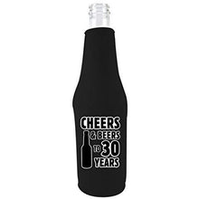 Load image into Gallery viewer, Black zipper beer bottle koozie with funny cheers and beers to thirty years design