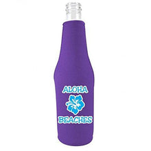 Load image into Gallery viewer, purple zipper beer bottle koozie with aloha beaches design