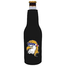 Load image into Gallery viewer, black beer bottle koozie with bald eagle with mullet hair funny design

