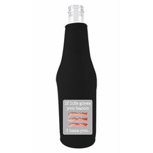 Load image into Gallery viewer, black beer bottle koozie with "life gives you bacon" funny text design