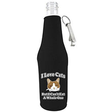 Load image into Gallery viewer, black zipper beer bottle koozie with opener and funny i love cats but i can't eat a whole one