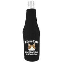 Load image into Gallery viewer, black zipper beer bottle koozie with funny i love cats but i can't eat a whole one design