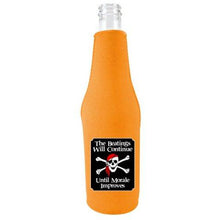 Load image into Gallery viewer, orange zipper beer bottle koozie with funny the beating will continue until morale improves design