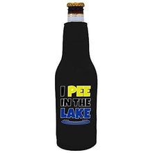 Load image into Gallery viewer, black beer bottle koozie with “I pee in the lake” funny text design