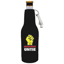Load image into Gallery viewer, black zipper beer bottle koozie with opener and dyslexics untie design