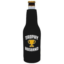 Load image into Gallery viewer, black beer bottle koozie with trophy husband design