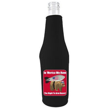 Load image into Gallery viewer, black zipper beer bottle koozie with in merica we have the right to arm bears