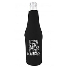 Load image into Gallery viewer, black zipper beer bottle koozie with funny i have mixed drinks about feelings design