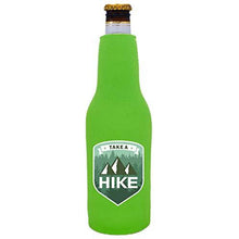 Load image into Gallery viewer, bright green zipper beer bottle koozie with take a hike design