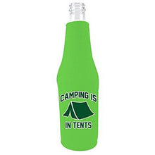 Load image into Gallery viewer, Bright green beer bottle koozie with funny camping is in tents design