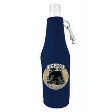 Load image into Gallery viewer, navy blue zipper beer bottle koozie funny bigfoot doesn't believe in you with opener