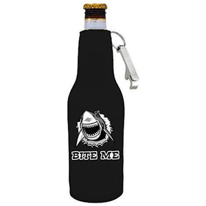 "Bite me" text with shark illustration zipper beer bottle koozie with attached bottle opener