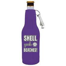 Load image into Gallery viewer, purple zipper beer bottle with opener and shell yeah beaches design
