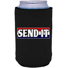 Load image into Gallery viewer, Black can koozie with “send it” text with red white and blue background design