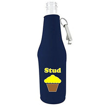 Load image into Gallery viewer, navy zipper beer bottle with opener and funny stud muffin design