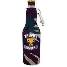 Load image into Gallery viewer, Trophy Husband Beer Bottle Coolie with Opener Attached