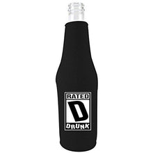 Load image into Gallery viewer, black zipper beer bottle koozie with rated d for drunk design