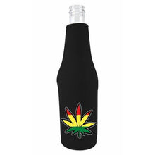 Load image into Gallery viewer, black beer bottle koozie with rasta leaf design
