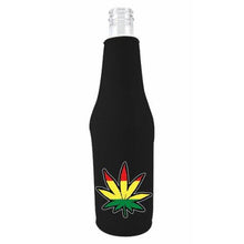 Load image into Gallery viewer, black beer bottle koozie with rasta leaf design